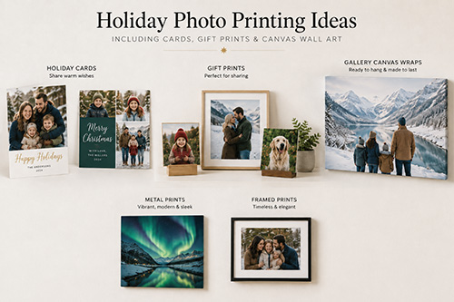 Holiday photo printing ideas including cards, gift prints, and canvas wall art